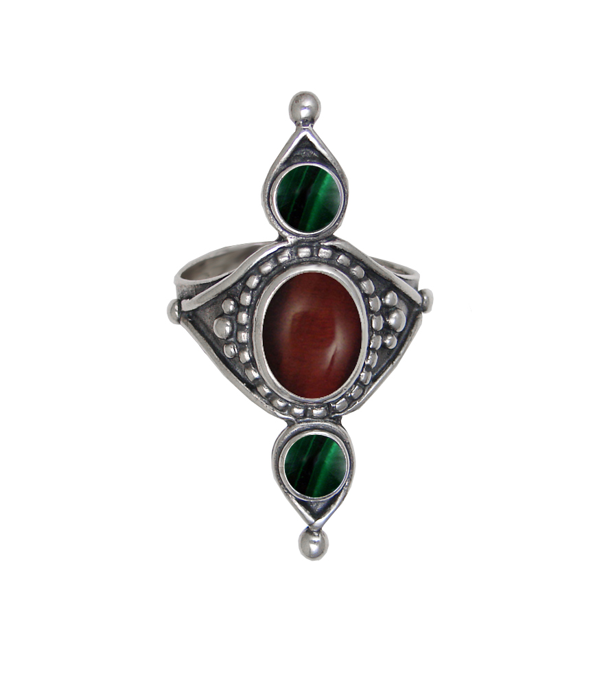 Sterling Silver Royal Ring With Red Tiger Eye And Malachite Size 9
